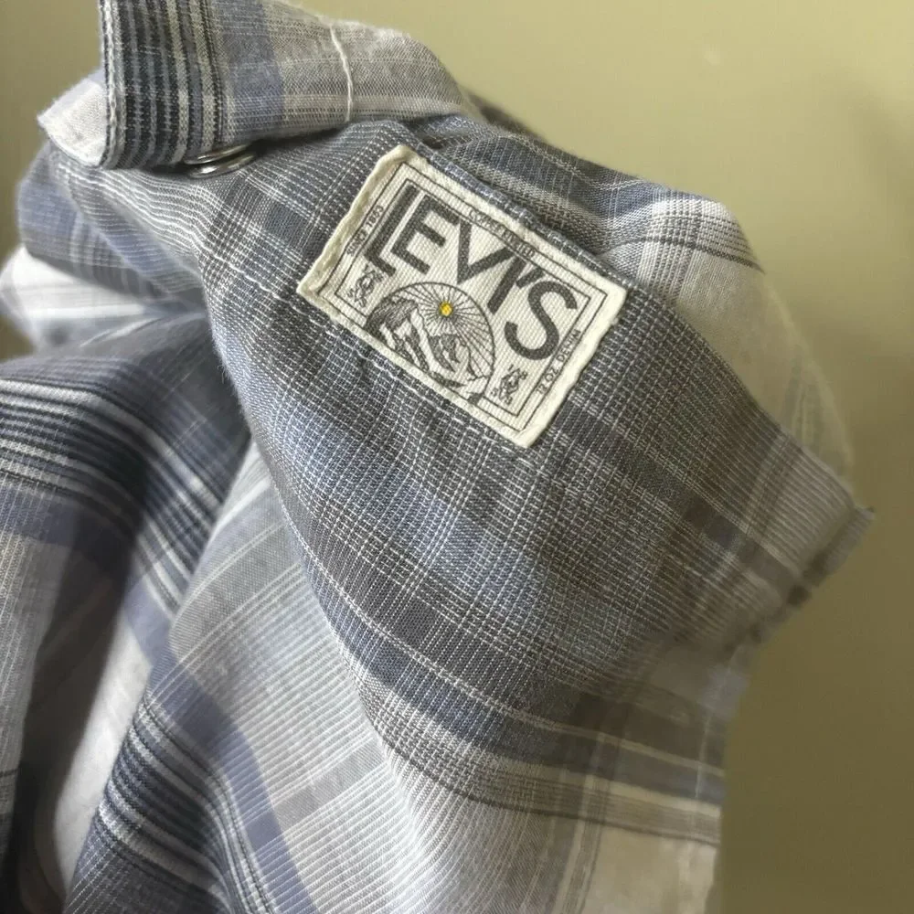 Levi's Shirt Men's Large Western‎ Pearl Snap Plaid Long Sleeve Gray Blue Cowboy